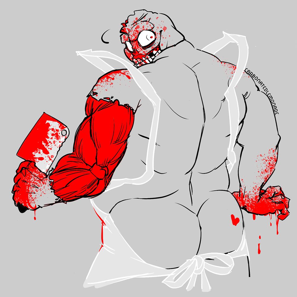 Ken the Butcher, from Gaslight District, turns his head around for his next prey. His cleaver is bloody in his hand, his other hand and face also covered in blood. There's a lil heart on his buttcheck.