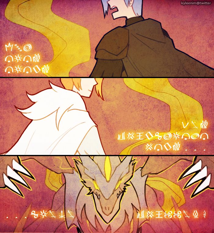 Digital illustration of twin kings (Zekrias and Reshai) with Vahirom (fakemon of the Original dragon)