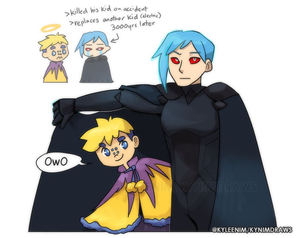 Digital illustration of Zekrias lifting their cape to reveal Andy. There is a bg image of Zekrias next to a dead Andy with the caption ">killed his kid on accident, > replaces another kid (electric) 3000 years later"