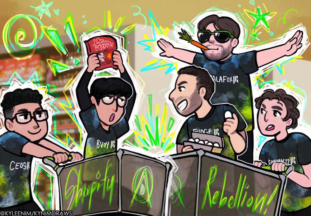 Digital illustration of Shopify Rebellion lol esports team featuring: CEOS, Bvoy, Palafox, Fudge, and Contractz. They are in shopping carts being funny