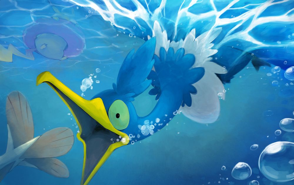 Digital illustration of Cramorant diving. You can see a Pikachu on a floatie tube and a tail of an Arrokuda