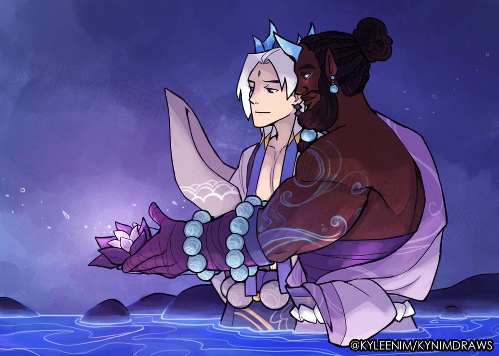 Digital illustration of Spirit Blossom Yone and K'sante in a pool. They are about to let go of a Spirit Blossom into the waters.
