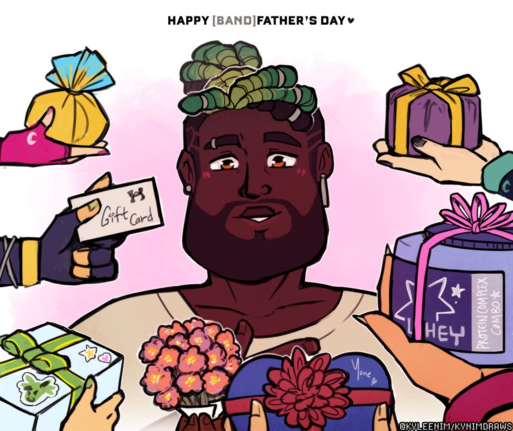 Digital illustration of K'sante Heartsteel getting Father's Day presents from the band members