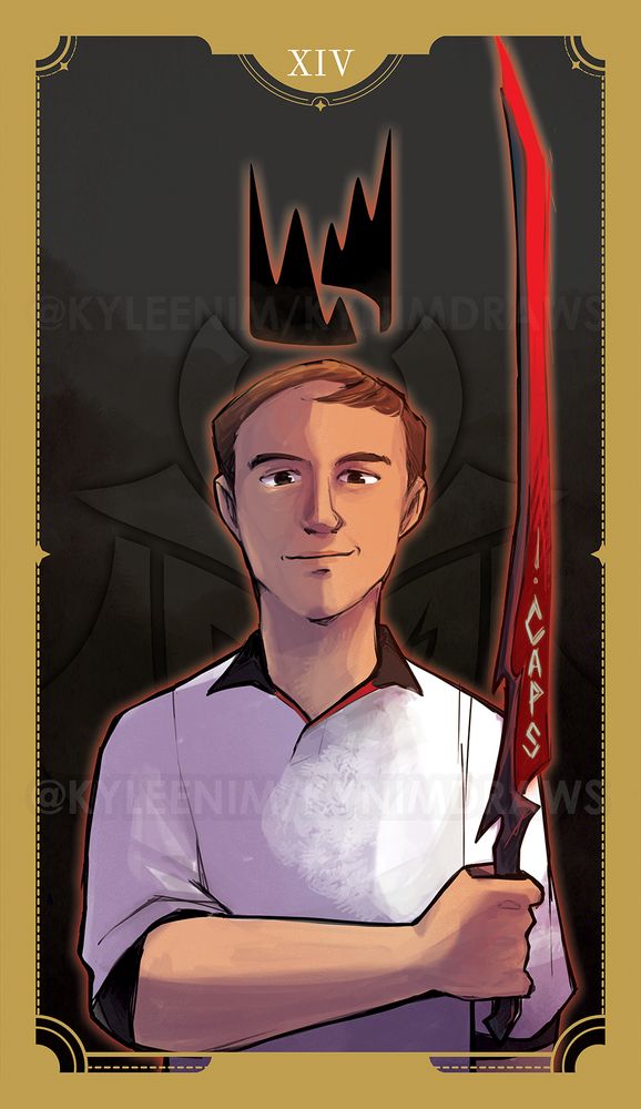 Digital illustration of the King of Swords (Minor Arcana) with Rasmus "Caps" Borregaard Winther. He has the LEC logo over him like a crown while holding one of Yone's sword, engraved with his IGN. G2 logo is menancingly behind him