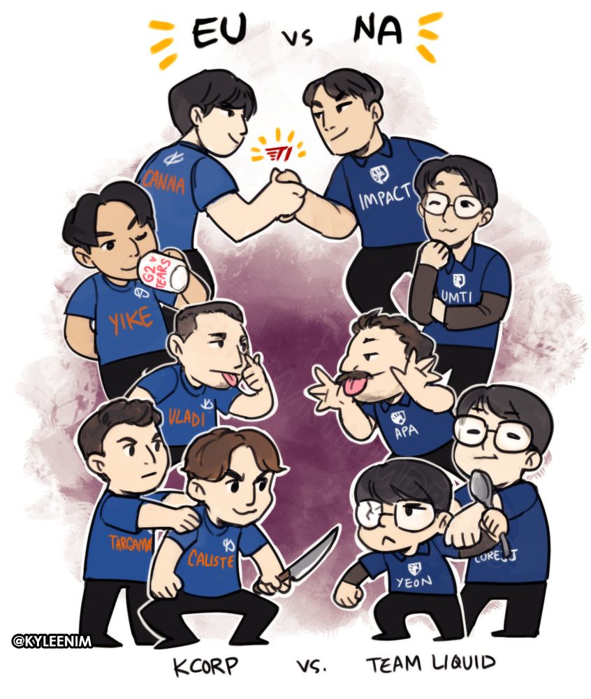 Digital illustration doodle of the esports teams KCorp and Team Liquid lol players in a funny vs compilation. Canna and Impact are shaking hands because they were both T1 top laners, Yike drinks G2 fan tears and Umti is chilling, Vladi and APA are being annoying, and the bot duos Targamas/Caliste and CoreJJ/Yeon are doing a gremlin-off