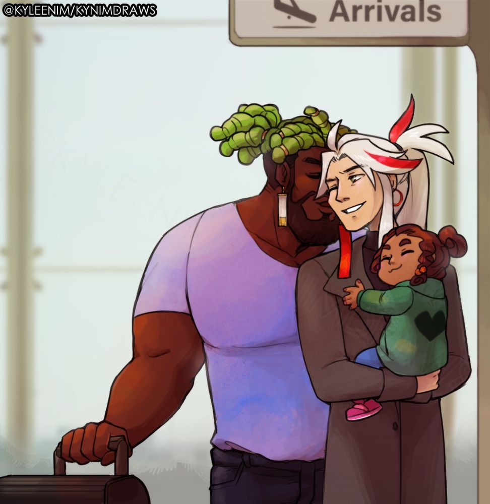 Digital illustration of Yone and K'sante Heartsteel meeting at the airport while Yone holds his daughter Aido (fankid)