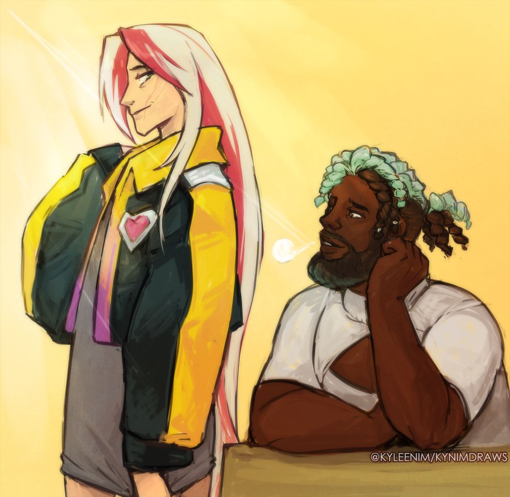 Digital illustration of Yone and K'sante Hearsteel looking at each other lovingly. Yone is wearing K'sante's jacket