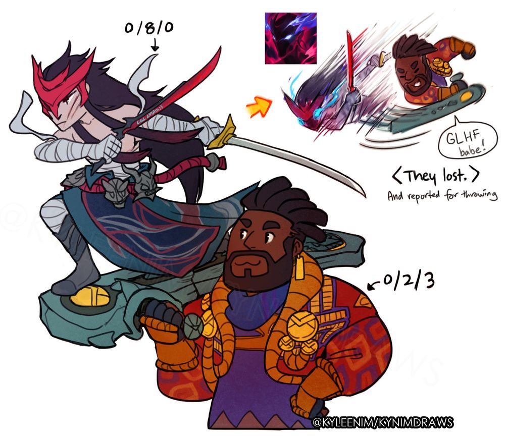 Digital illustration of a 0/8/0 Yone and a 0/2/3 K'sante being 'Dauntless' and throwing