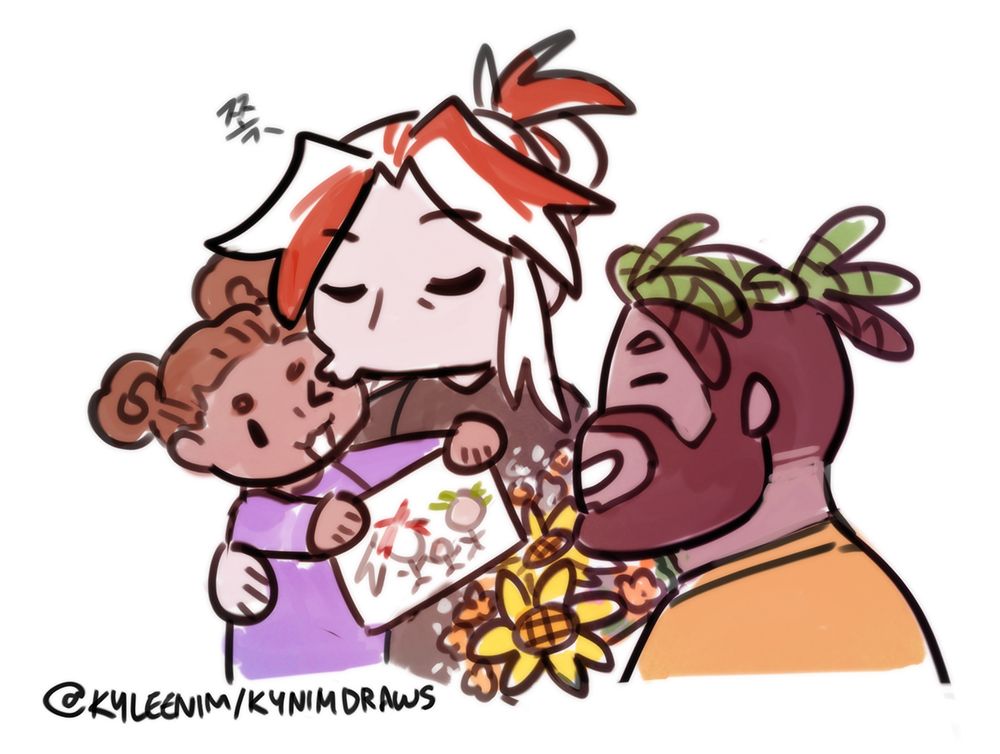 Digital illustration of K'sante and Yone Heartsteel getting Father's Day presents from Aido their fankid