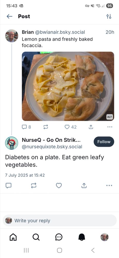 A post of my dinner from yesterday with a reply from a complete stranger who has said "diabetes on a plate. Eat green leafy vegetables".