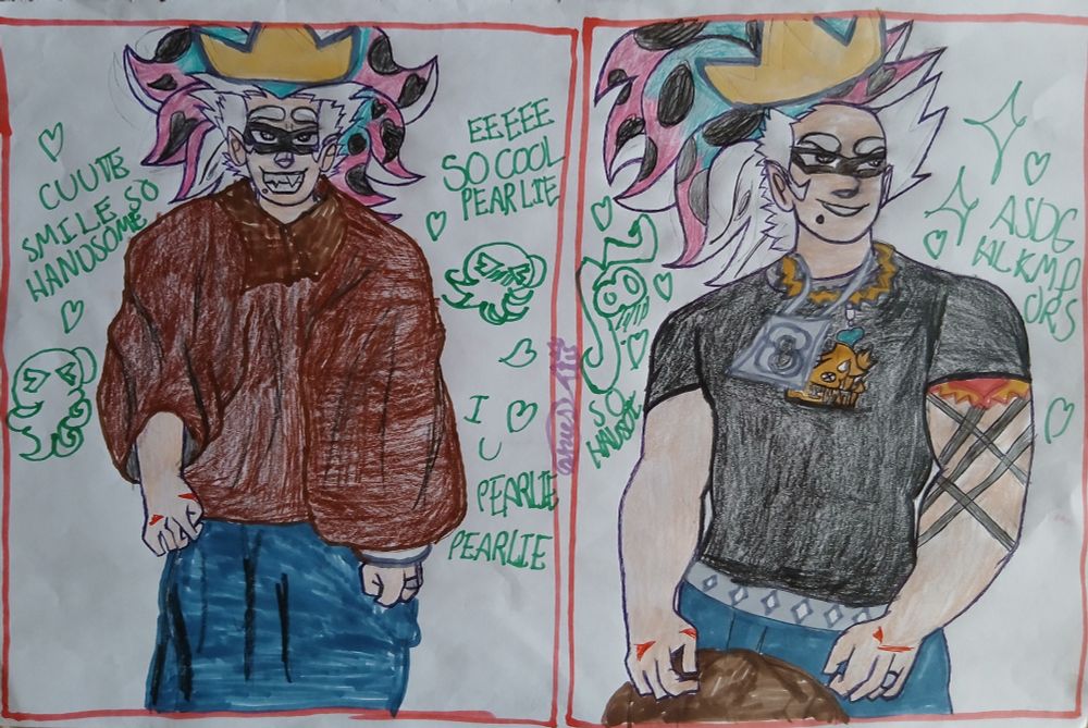 This is a redraw of a screenshot about wearing BIG BAGGY clothes vs whats underneath the clothes. Pearl Houzuki from Splatoon, on the left being when he is wearing really baggy clothes. On the right is underneath while wearing a muscle tight shirt.