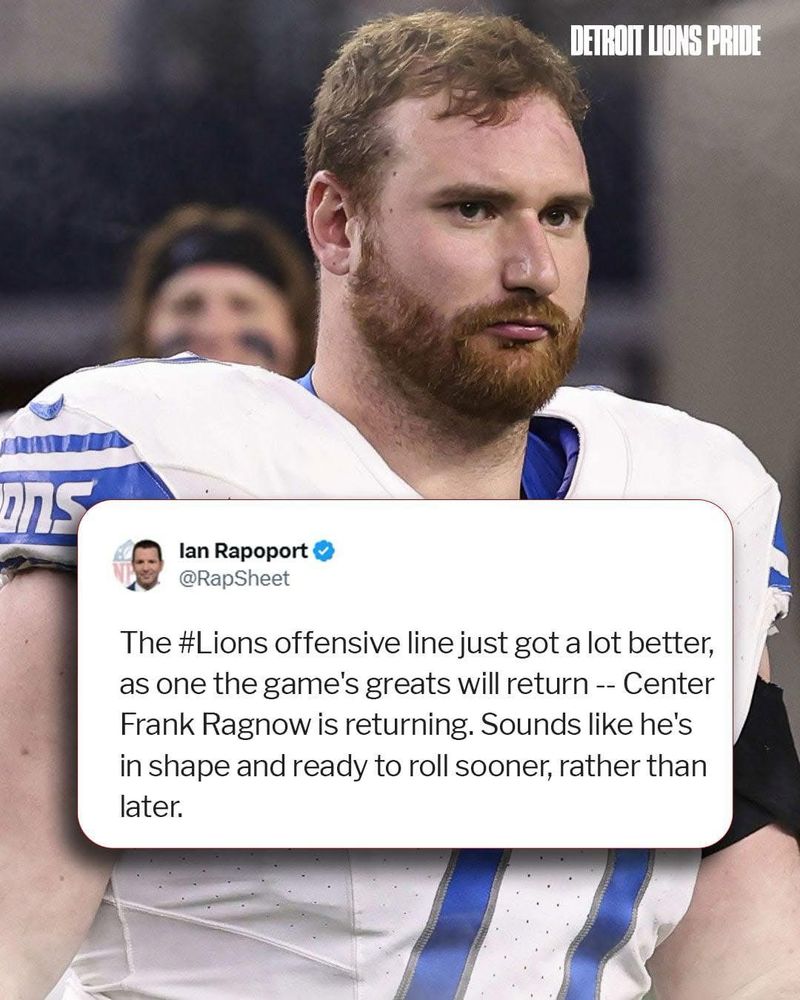 Image of Frank Ragnow in a white lions jersey with a screenshot from a social media post by Ian rapaport saying the lions offensive line just got a lot better as one of the game’s greats will return — center Frank Ragnow returning. Sounds like he’s in shape and ready to roll sooner rather than later. 