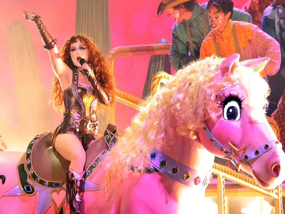 Chappell Roan on an oversized Pink Pony during her iconic performance at the 2025 Grammys