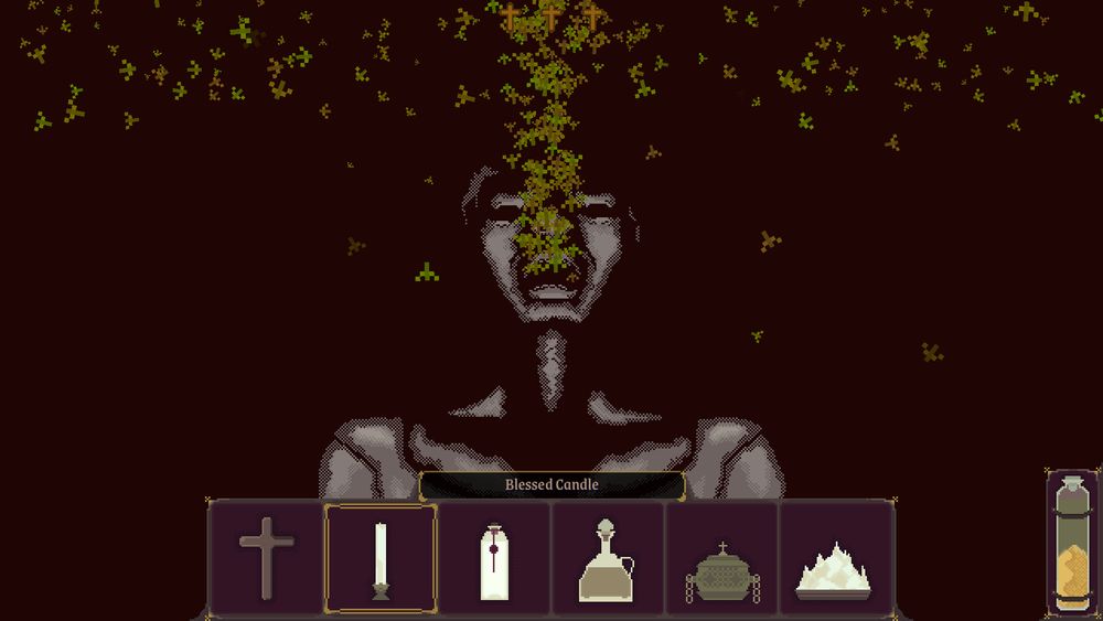 Scene fro man exorcism. the possessed is expelling insects from their mouth.
