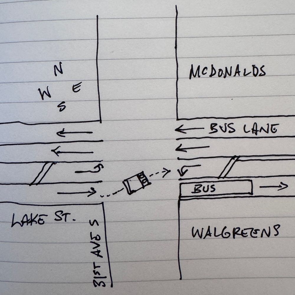 Drawing of an eastbound driver passing an eastbound B Line bus by driving into the oncoming turn lane