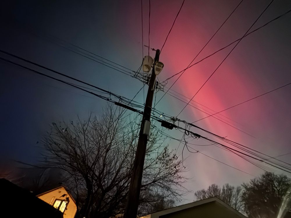 Photo of the reddish northern lights above a utility pole and house