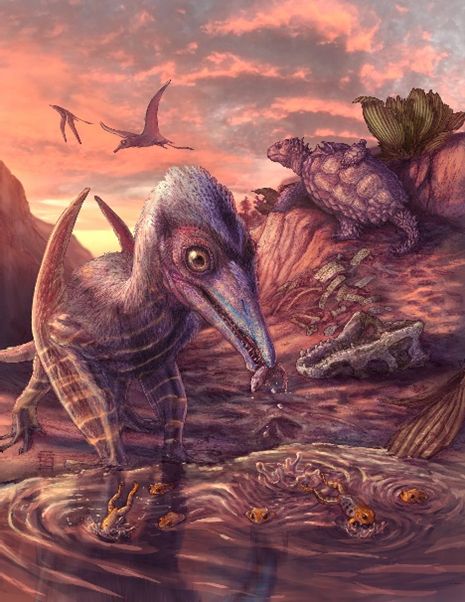 Artistic reconstruction of Late Triassic equatorial Pangaea landscape and paleocommunity preserved in the Pilot Rock White Layer Bonebed of the Chinle Formation in Petrified Forest National Park, AZ, including a pterosaur (Eotephradactylus mcintireae) eating a paleoniscoid-grade actinopterygian fish, stem-turtles, stem-frogs, the skeleton of Revueltosaurus callenderi, and the plant Sanmiguelia lewisii. 
CREDIT: Brian Engh, LivingRelicProductions.com. 
