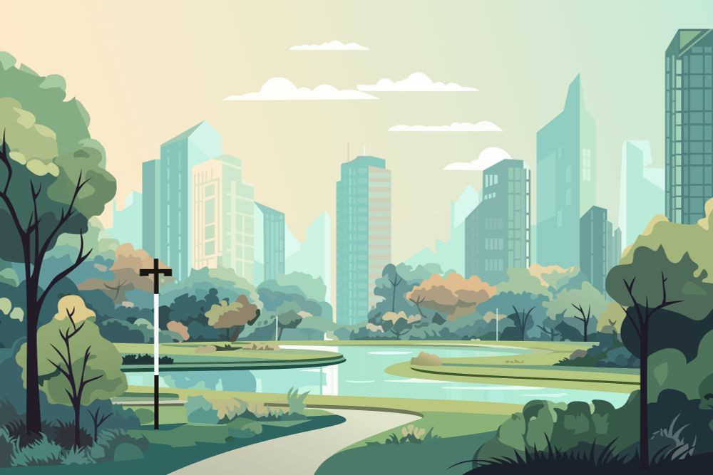 Cartoon of a green city with a waterway. 