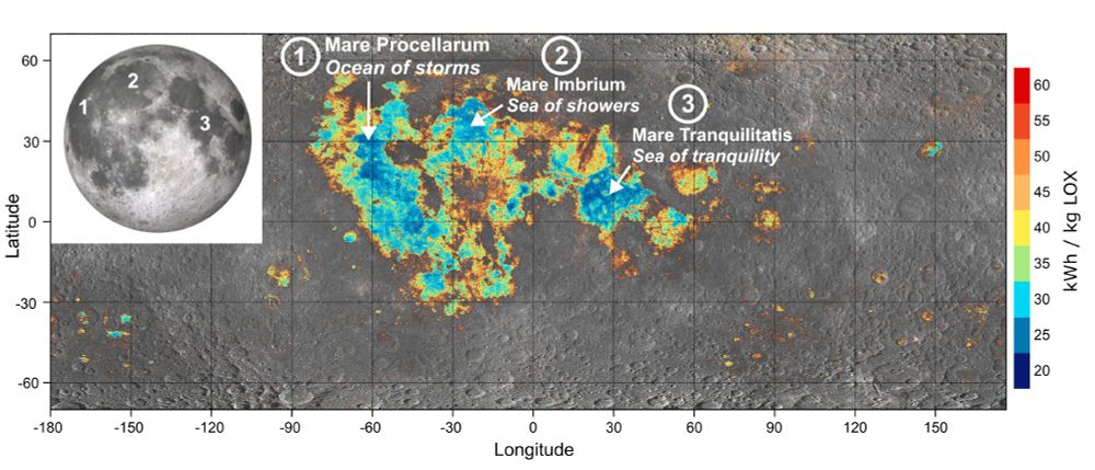 nergy requirements for 1 kg of liquid oxygen mapped onto the lunar surface depending on ilmenite weight percent. The color coding shows the lower energy requirements (blue) to higher energy requirements (red) for liquid oxygen production. Gray areas without color coding depict regions where ilmenite weight percentage is expected to be below 2%, which are not considered.