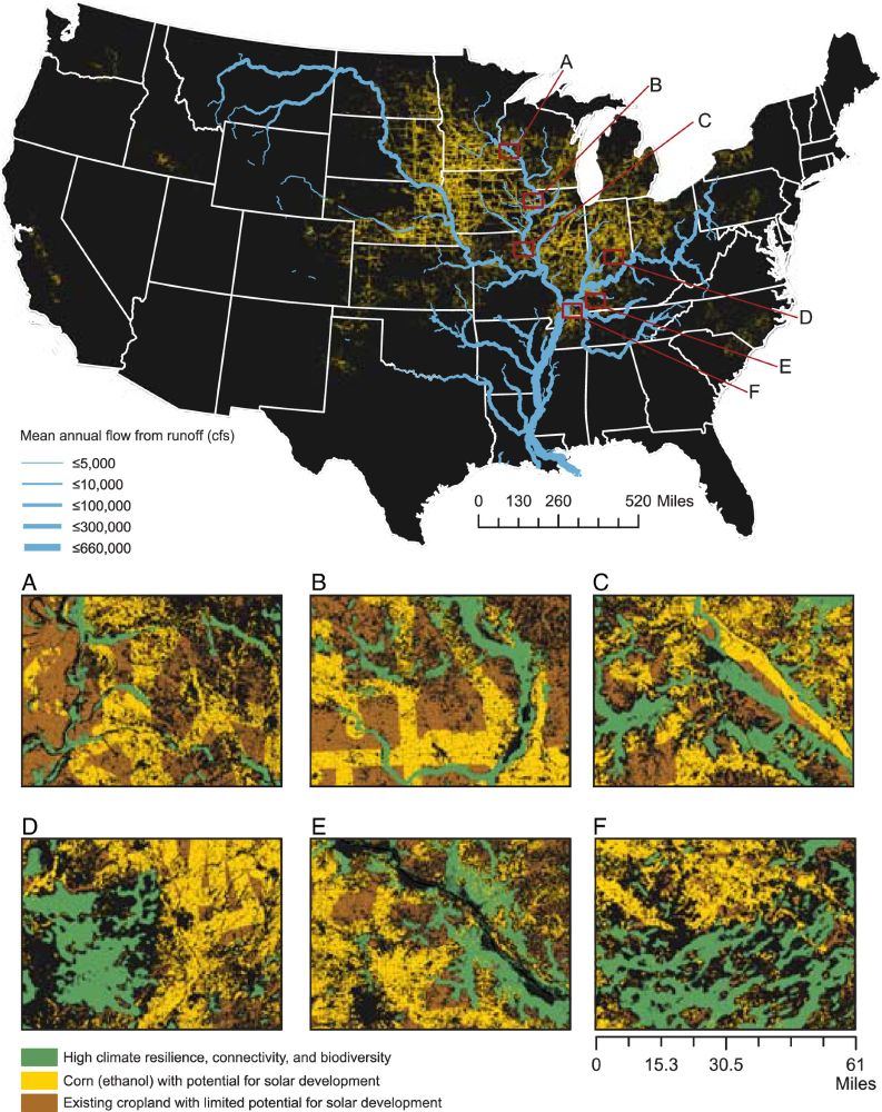 Map of corn ethanol land-cover with high technical potential for solar energy development across the US (yellow) and runoff in the Mississippi River watershed (blue). Inset maps (A–F) depict landscape matrices falling within a subwatershed of the Mississippi River watershed containing either nitrogen or phosphorus transport at the 95th percentile from streams via fertilizer application from agriculture.