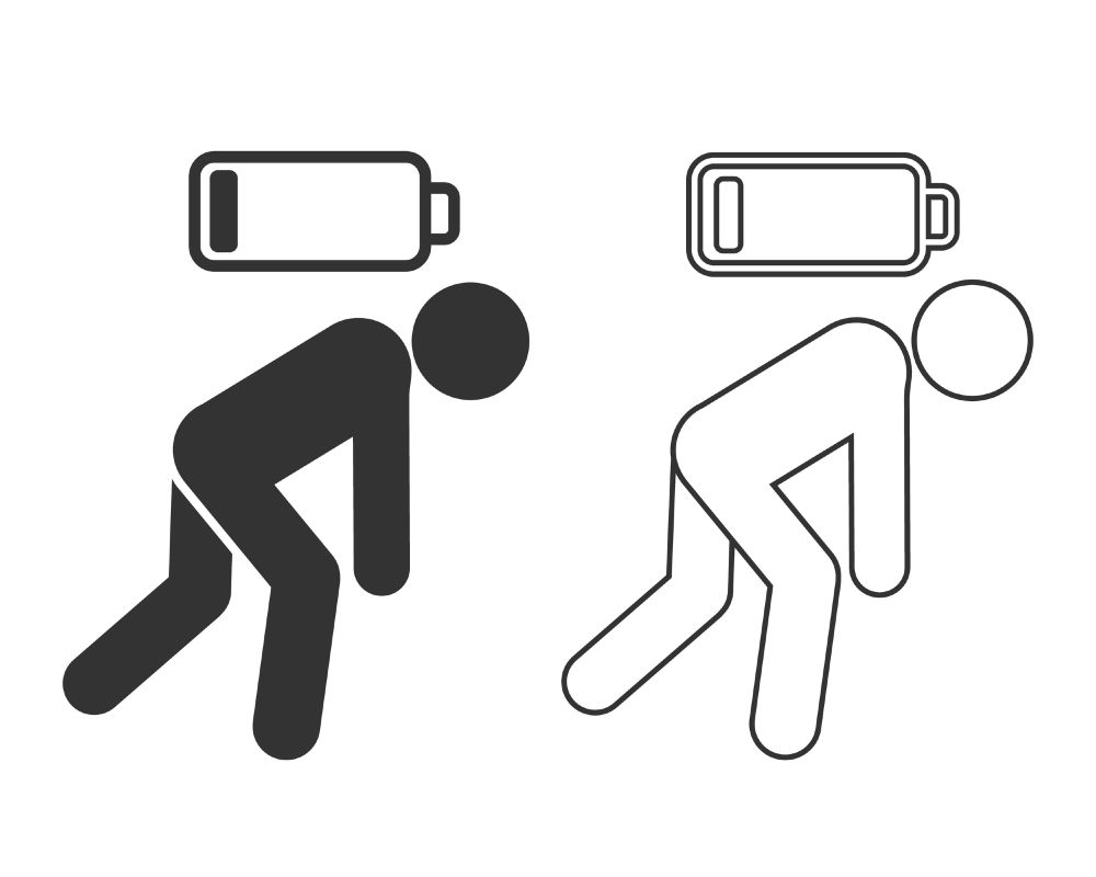 Two stick figures walking in a fatigued posture with low battery indicators. 