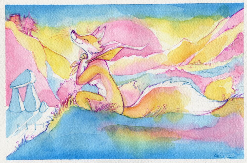 Watercolor painting,  a fox sitting on a hill holding a,shawl that is flying with the wind