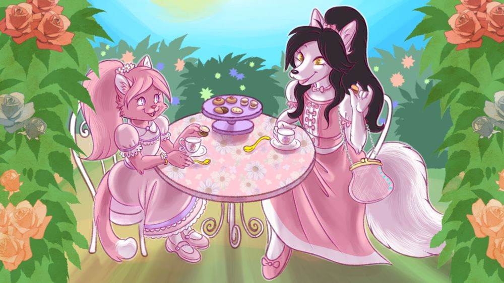 A cat girl and a fox girl, chatting at a tea party in a garden full of flowers