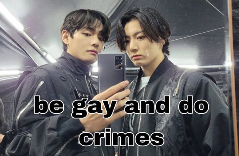 V and Jungkook of BTS in a mirror selfie. They are dressed all in black with some serious AF expressions. Text at the bottom reads, “be gay and do crimes”.