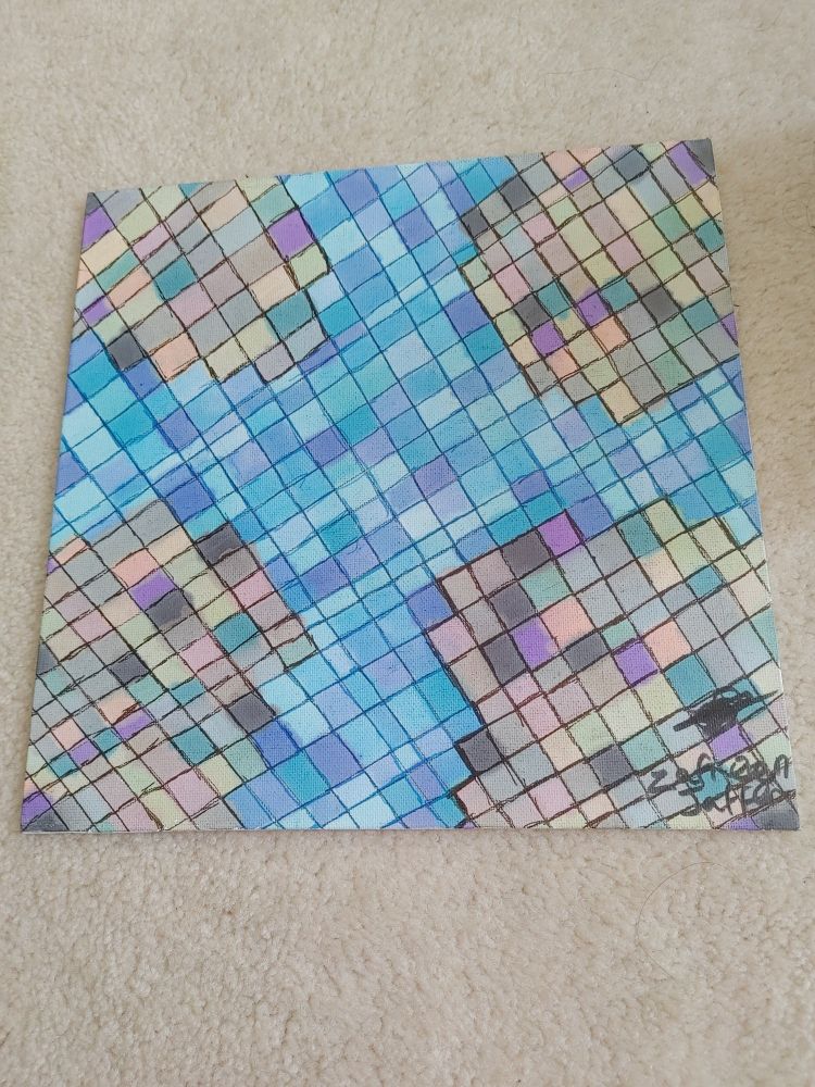 A square canvas with a blue plus shape made of various blue squares. The corners are made of various dull and muted colours also in squares and rectangles. 
