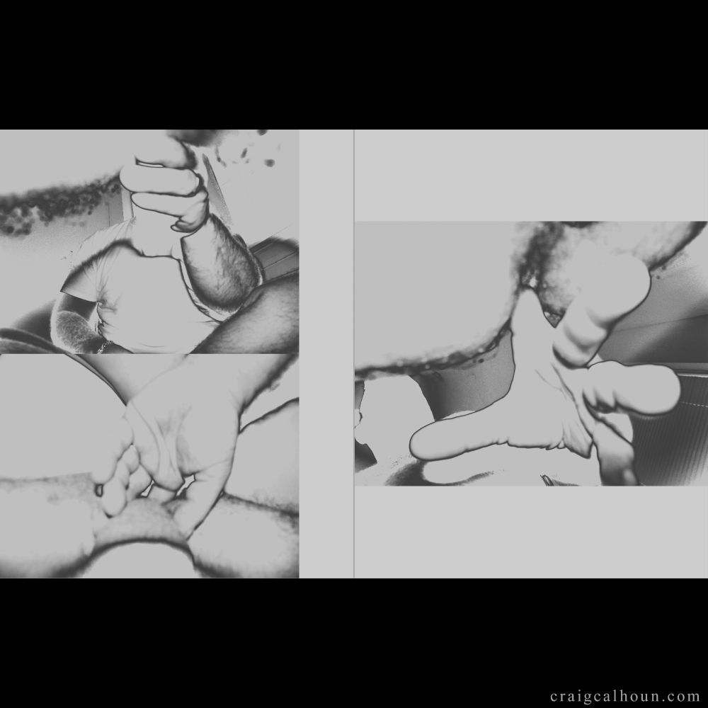 Three images featured on two pages of a book where my butthole is getting fingered by Brent Cage. The images were edited to make them look very grey.