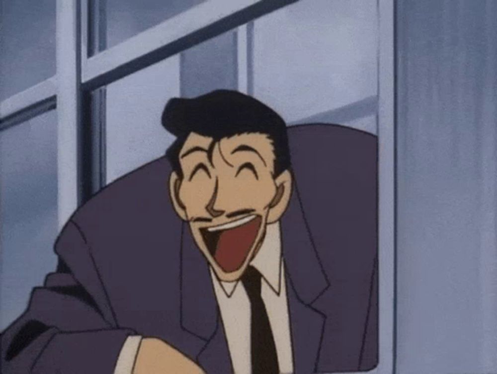 a cartoon man in a suit and tie is laughing with his mouth open