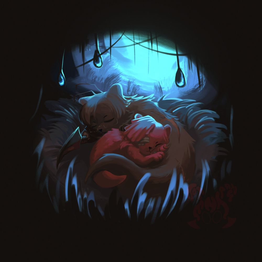 Fanart of Gregor and Yuri from Limbus Company as slugcats. Gregor is a shaggy brown slugcat with an insect arm, while Yuri is a pink slugpup with a bandaged left eye. Both are asleep, with Gregor curled around Yuri and her leaning on Gregor's tail. They sleep in a nest bathed in blue light, resembling the CG where Monk and Survivor finally reunite and nap together.