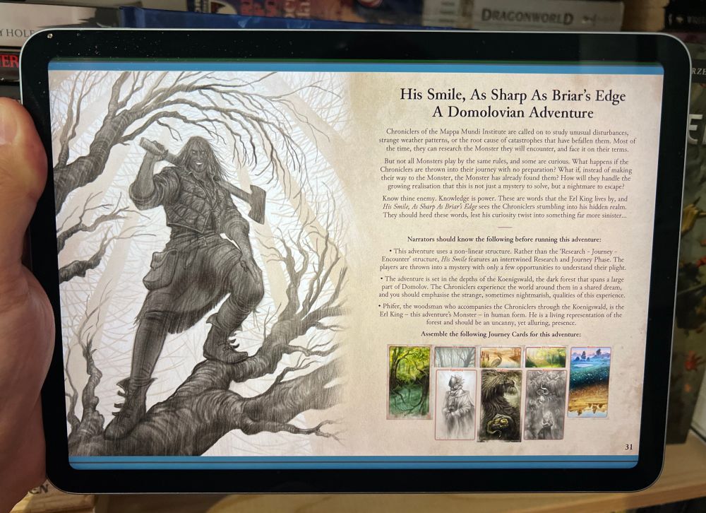 An iPad showing the intro page for His Smile, As Sharp As Briar’s Edge: A Domolovian Adventure. The illustration shows a male woodcutter standing on a gnarled branch with an axe resting on his shoulder, looking down at the viewer with an eerie grin on his face. 