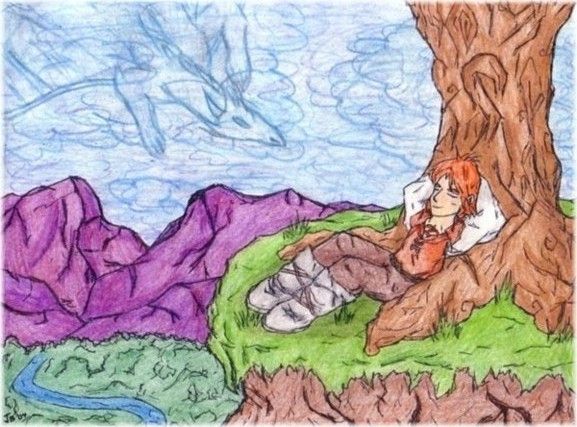 A color pencil drawing of a ginger-haired boy in vaguely fantasy/medieval garments lounging by the base of a tree located on a cliff. In the background is a forest, river, and vista of purple mountains. The clouds in the sky are forming the shape of a dragon.