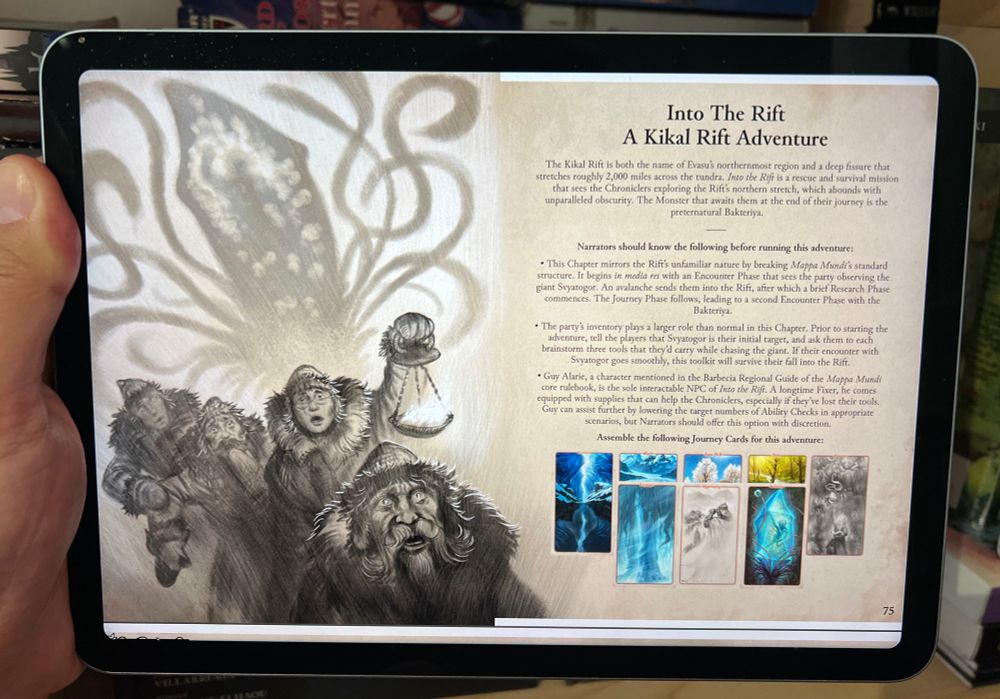 An iPad showing the intro page for Into The Rift: A Kikal Rift Adventure. The illustration shows a group of four Chroniclers wearing parkas looking in horror at an unknown entity in front of them. The light from one of the Chroniclers’ lanterns reflects a horrific shadow with tentacles and a crystalline body.