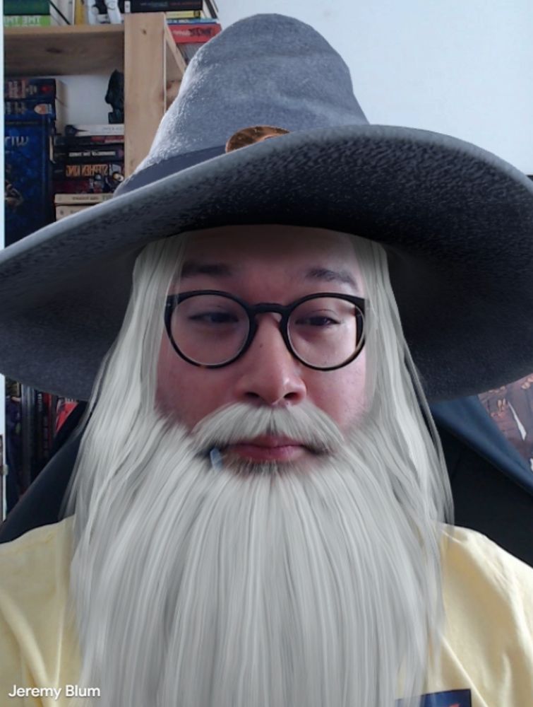 Me, a bald dude with glasses, clad in a Google Meetings filter that gives me a fucking wizard hat and long hair/beard