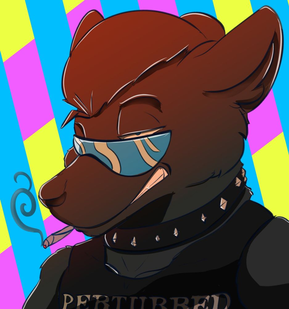 Hot topic fox with a spiked collar, a "perturbed" parody band shirt  and a smoke. 