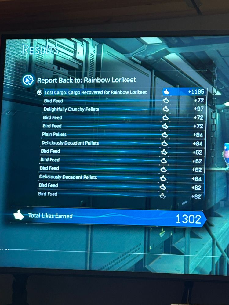 A picture of a menu in Death Stranding 2, showing I delivered 12 lost cargo packafes of bird feed
