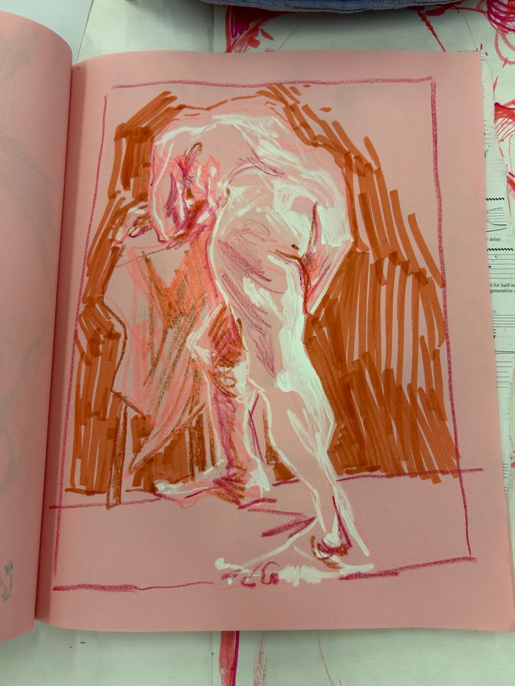 A sketchbook drawing on light pink paper of a man from behind, leaning forward to support his crossed arms on a tall stool. Done with pink and brown crayons, white paint marker, and a red marker for a textured background.