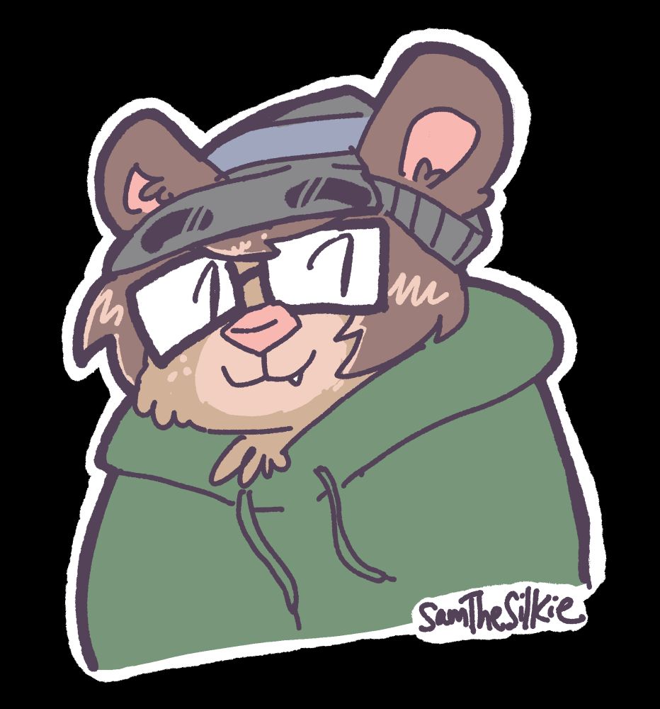 A bust drawing of a brown bear character wearing an olive green hoodie and a gray hat. Their ears are the same darker brown as the hair surrounding their face, and they have big rectangular glasses with simple eyes shown within.