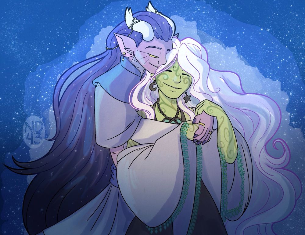 A purple dragon person with long blue hair and a green plant woman with long white hair embrace