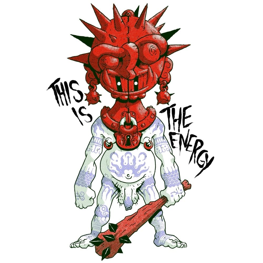 An illustration of a buck naked guy with a large mask on his head. Text says THIS IS THE ENERGY 
