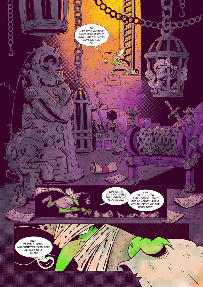 A page from a comic about a silly little guy walking through a dungeon.