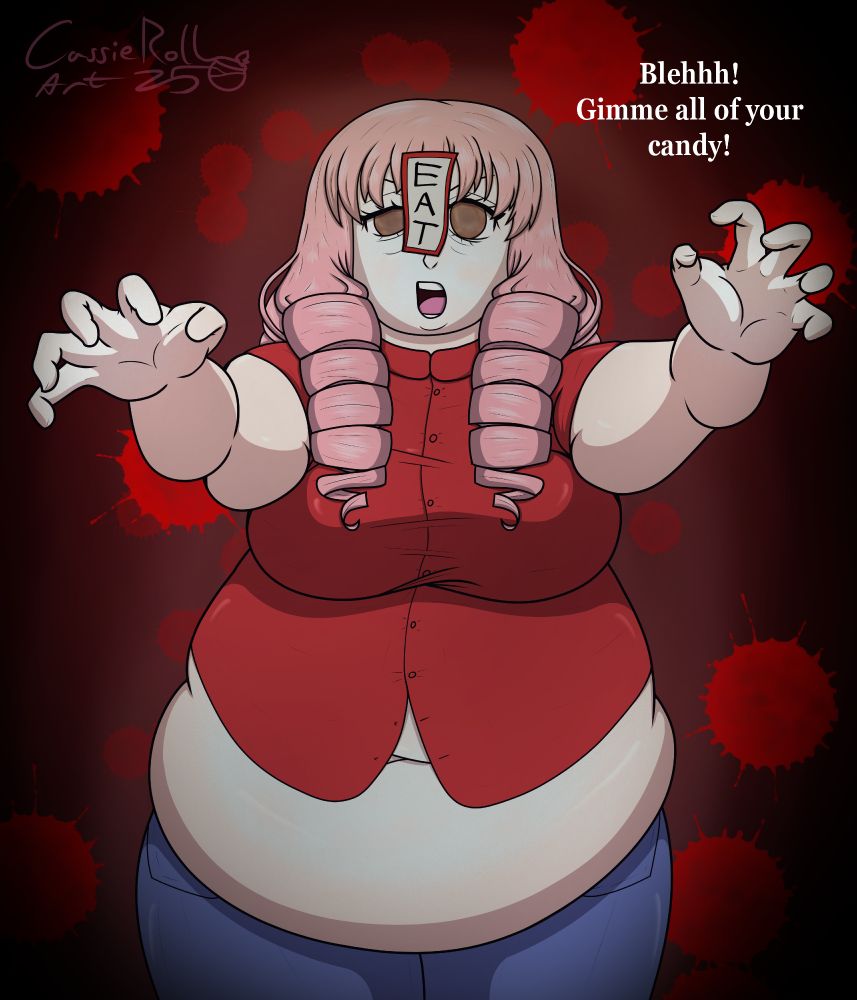 Shiina "Misha" Mikado from Katawa Shoujo dressed as a fat zombie for halloween with her tummy hanging out