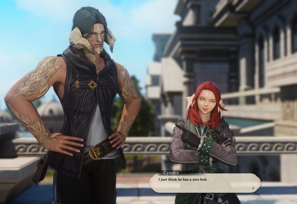 Cyndra points at Kami and answers with a quick and witty "I think he has a nice bod", earning her a perplexed look from her partner.