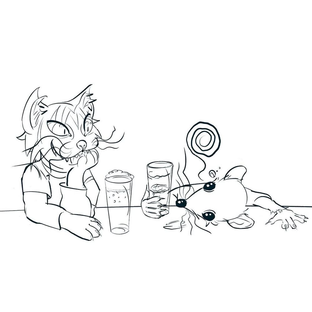 An illustrated anthropomorphic cat and moise sharing beers, black and white line art.