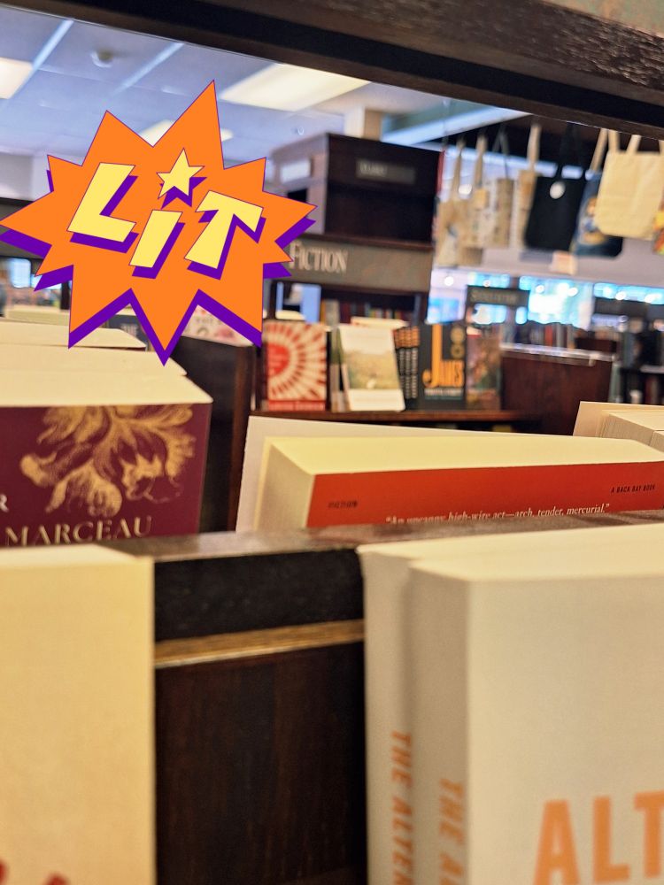 An image of bookshelves in Audreys Books, with a sticker saying 'Lit' over the image.