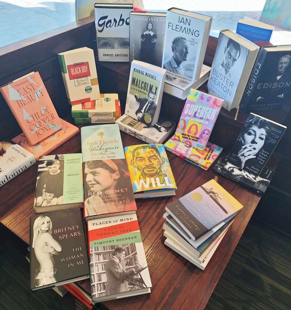 A display of books of biography, available at bargain prices.