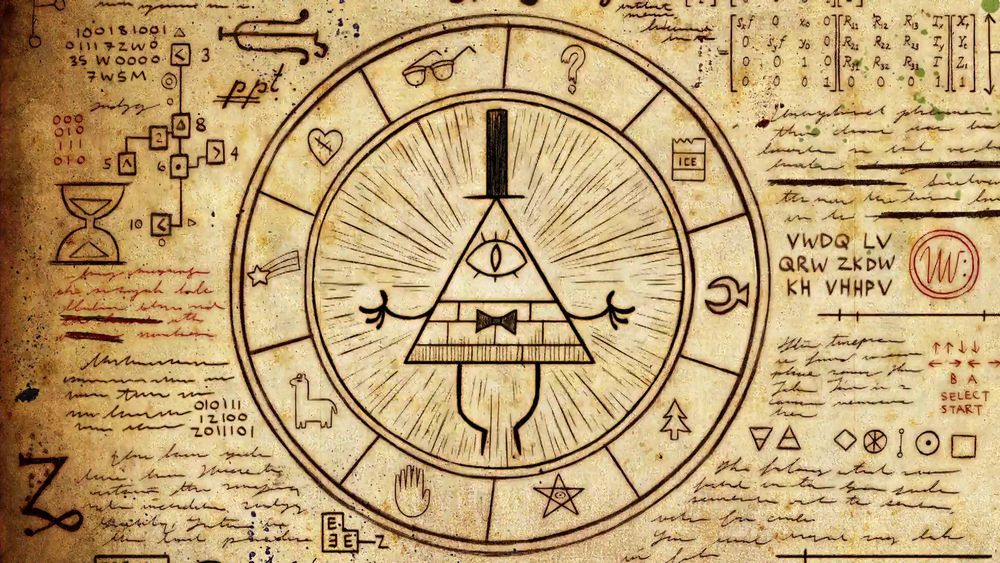 Bill Cipher surrounded by coded messages from the Gravity Falls opening sequence. 