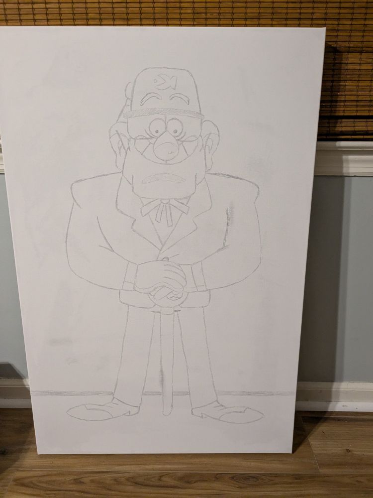 Pencil sketch of Stan Pines on canvas for painting.
